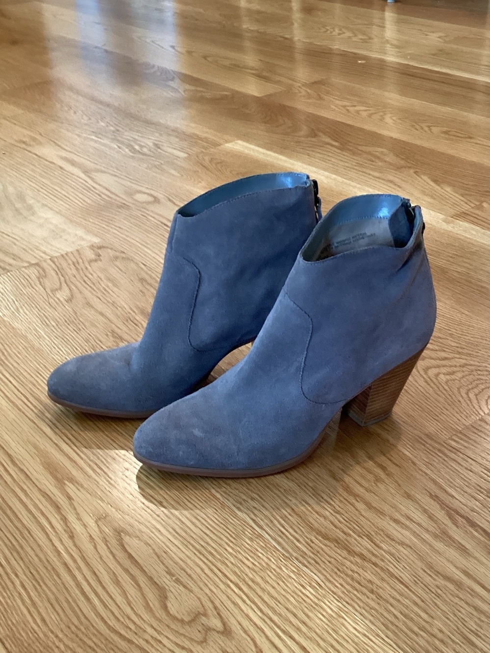 Tesori Slate Blue Suede Ankle Booties with Stacked Heel